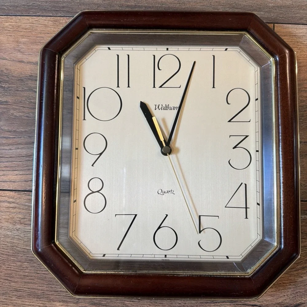 Vintage 80s Waltham Wall Clock Wood w/Gold Trim (Partially Works)